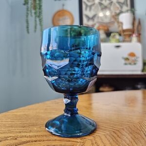 Vintage 70s Viking Georgian Bluenique Glass Water Goblet Faceted